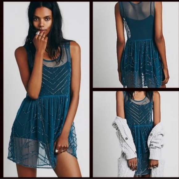 Free People Dresses & Skirts - 🌟Host Pick🌟Free People! Embellished Teal Sheer Slip Dress